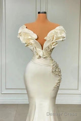 Classic White Mermaid V-Neck Satin Pearl Ruffle Long Prom Dress Elegant Evening Dress