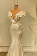 Classic White Mermaid V-Neck Satin Pearl Ruffle Long Prom Dress Elegant Evening Dress