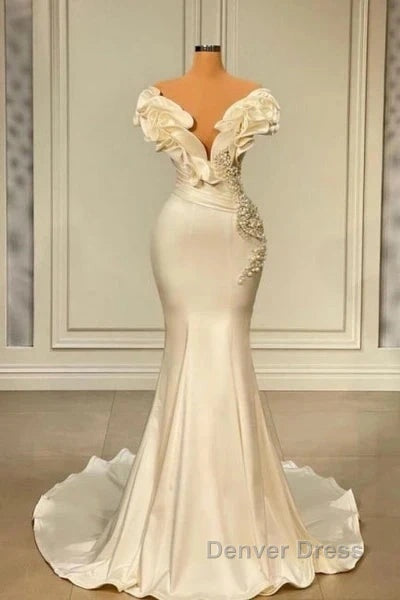 Classic White Mermaid V-Neck Satin Pearl Ruffle Long Prom Dresses Elegant Evening Dresses