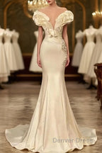 Classic White Mermaid V-Neck Satin Pearl Ruffle Long Prom Dresses Elegant Evening Dresses