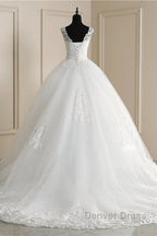 Classic White V neck Sleeveless Ball Gown Lace Wedding Dresses