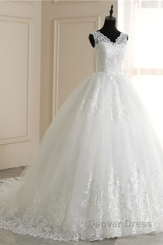 Classic White V neck Sleeveless Ball Gowns Lace Wedding Dresses