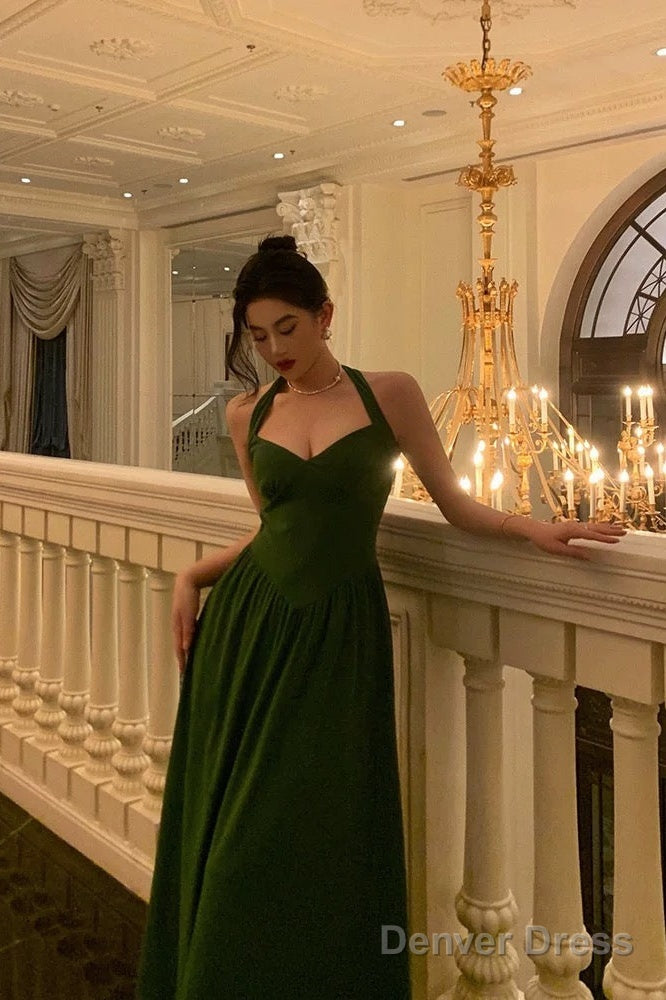Classy A Line Halter Dark Green Prom Dresses Birthday Outfits Prom Gowns