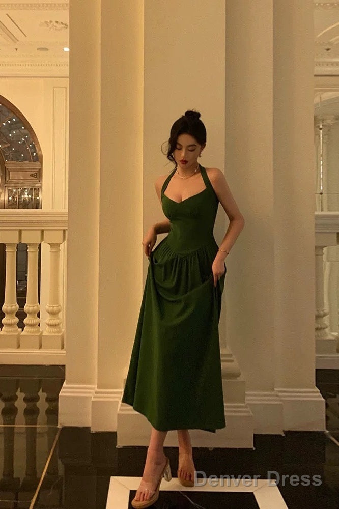 Classy A Line Halter Dark Green Prom Dresses Birthday Outfits Prom Gowns