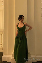Classy A Line Halter Dark Green Prom Dresses Birthday Outfits Prom Gowns