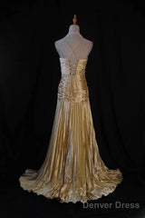 Classy A Line Halter Gold Satin Beads Long Evening Dress Prom Dresses