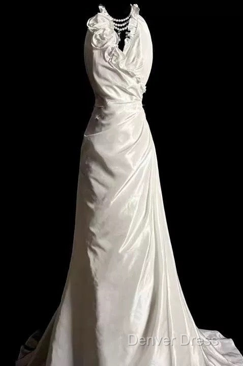 Classy A Line Halter Satin Ivory Long Wedding Dresses Bridal Dresses