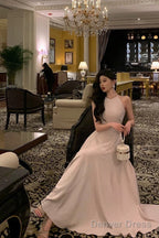 Classy A Line Scoop Neckline Long Light Pink Prom Dresses Birthday Outfits Prom Gowns