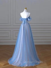 Classy A Line Spaghetti Straps Long Party Dresses Blue Prom Dresses