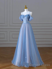 Classy A Line Spaghetti Straps Long Party Dress Blue Prom Dresses