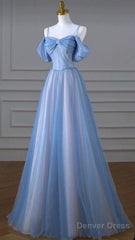 Classy A Line Spaghetti Straps Long Party Dress Blue Prom Dresses