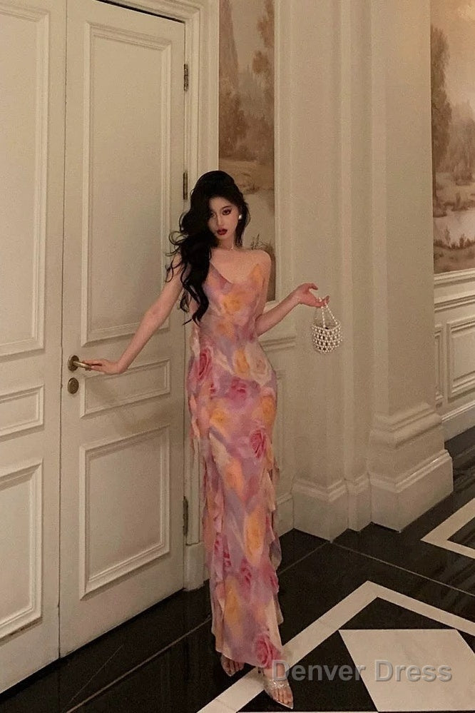 Classy A Line Spaghetti Straps Pink Chiffon Floral Prom Dresses Birthday Outfits Prom Gowns
