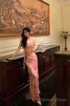 Classy A Line Spaghetti Straps Pink Chiffon Floral Prom Dresses Birthday Outfits Prom Gowns