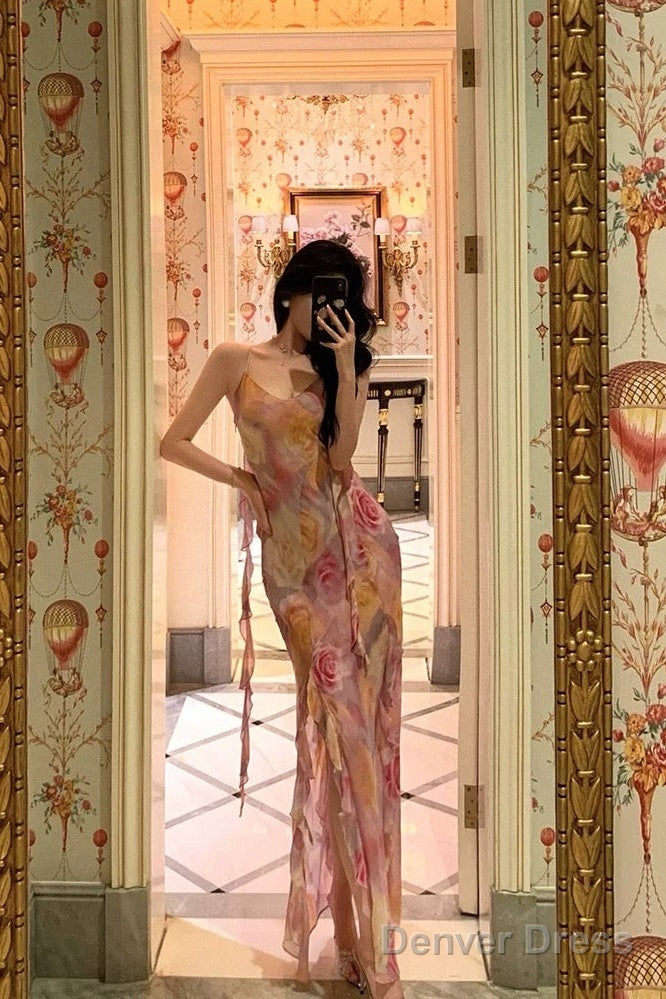 Classy A Line Spaghetti Straps Pink Chiffon Floral Prom Dresses Birthday Outfits Prom Gowns