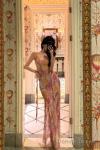Classy A Line Spaghetti Straps Pink Chiffon Floral Prom Dresses Birthday Outfits Prom Gowns