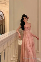 Classy A Line Spaghetti Straps Pink Lace Prom Dresses Birthday Outfits Prom Gowns