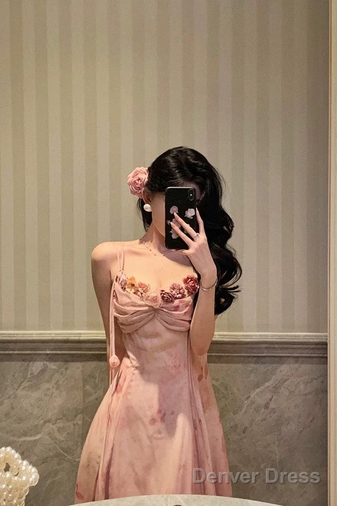 Classy A Line Spaghetti Straps Pink Lace Prom Dresses Birthday Outfits Prom Gowns