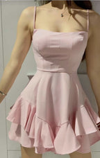 Classy A Line Spaghetti Straps Pink Satin With Ruffle Hem Short Homecoming Dresses 18Th Birthday Outfits