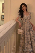 Classy A Line Square Neckline Blue Chiffon Long Prom Dresses Birthday Outfits Prom Gowns