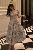 Classy A Line Square Neckline Blue Chiffon Long Prom Dresses Birthday Outfits Prom Gowns