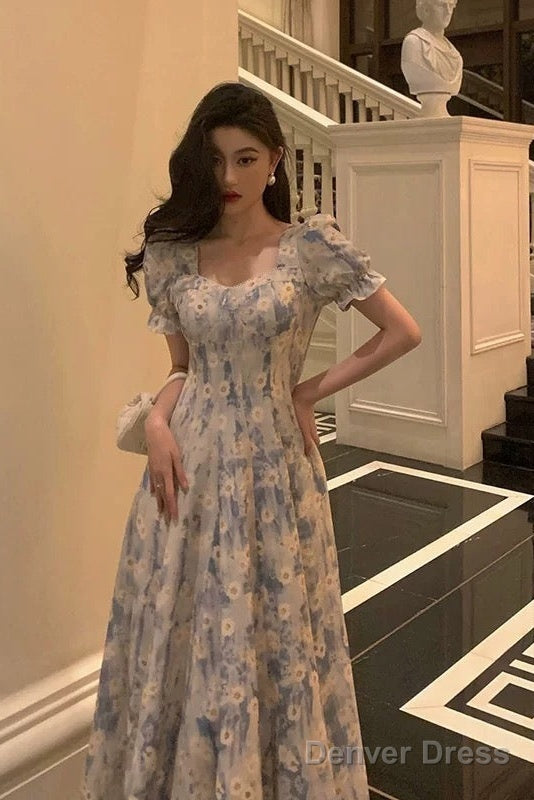 Classy A Line Square Neckline Blue Chiffon Long Prom Dresses Birthday Outfits Prom Gowns