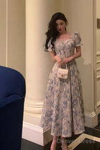 Classy A Line Square Neckline Blue Chiffon Long Prom Dresses Birthday Outfits Prom Gowns