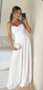 Classy A Line Strapless Light Pink Chiffon Long Prom Dress With Ruffles
