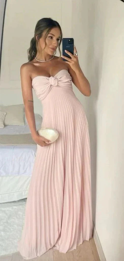 Classy A Line Strapless Light Pink Chiffon Long Prom Dress With Ruffles