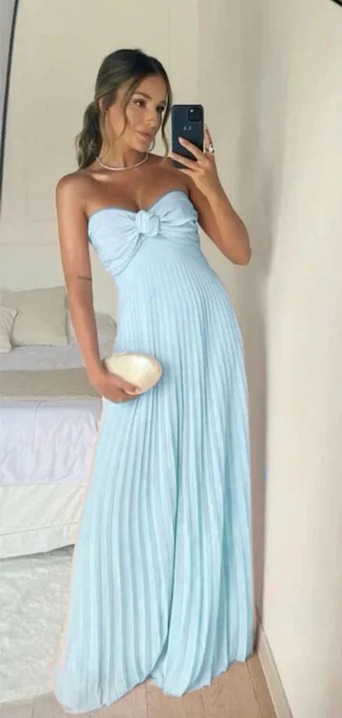 Classy A Line Strapless Light Pink Chiffon Long Prom Dress With Ruffles