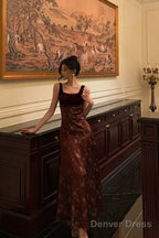 Classy A Line Straps Burgundy Velvet Floral Prom Dresses Birthday Outfits Prom Gowns