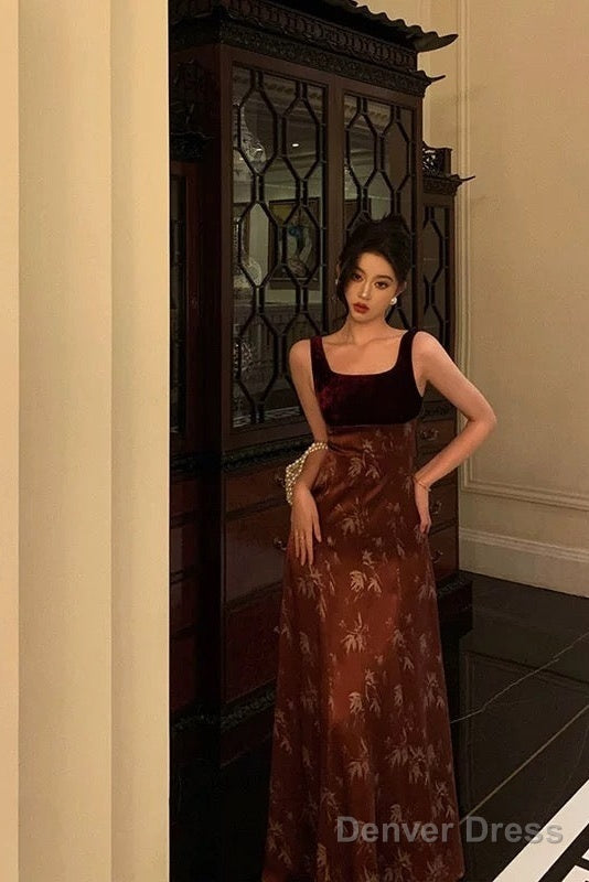 Classy A Line Straps Burgundy Velvet Floral Prom Dresses Birthday Outfits Prom Gowns