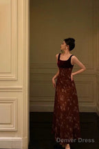 Classy A Line Straps Burgundy Velvet Floral Prom Dresses Birthday Outfits Prom Gowns