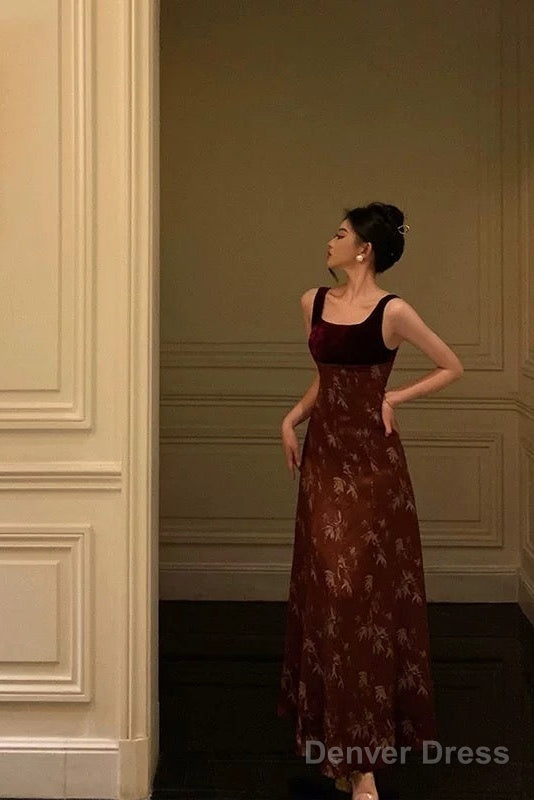 Classy A Line Straps Burgundy Velvet Floral Prom Dresses Birthday Outfits Prom Gowns