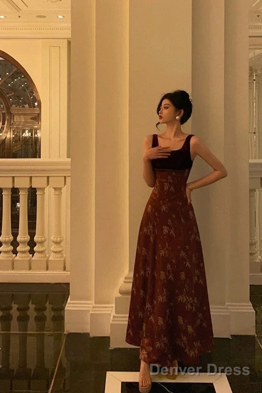 Classy A Line Straps Burgundy Velvet Floral Prom Dresses Birthday Outfits Prom Gowns