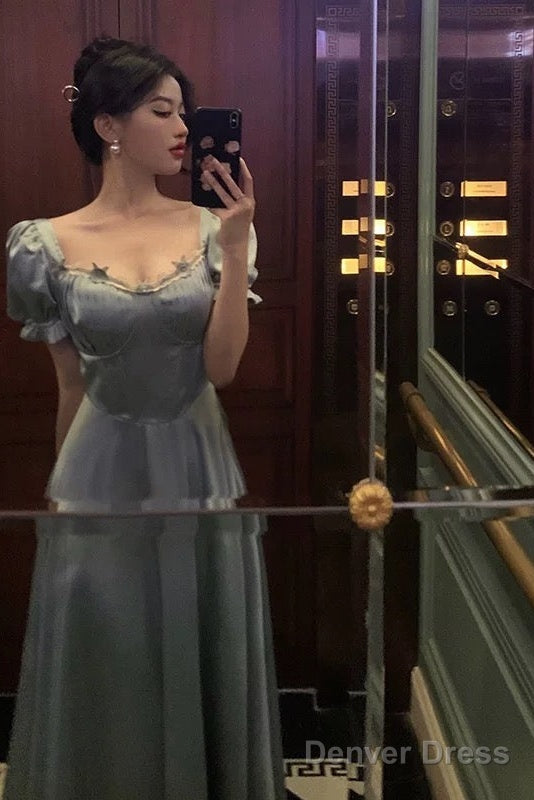 Classy A Line Sweetheart Blue Satin Prom Dresses Birthday Outfits Prom Gowns