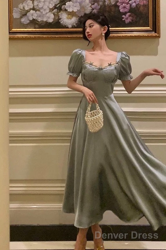 Classy A Line Sweetheart Blue Satin Prom Dresses Birthday Outfits Prom Gowns