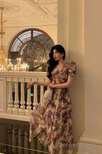 Classy A Line V Neckline Grape Flora Chiffon Prom Dresses Birthday Outfits Prom Gowns