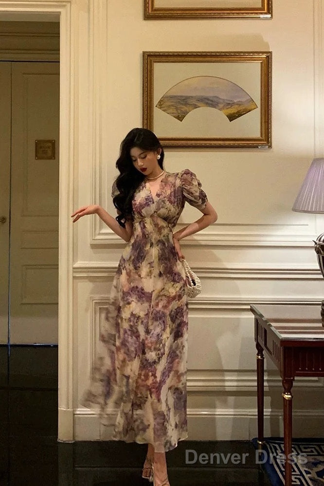 Classy A Line V Neckline Grape Flora Chiffon Prom Dresses Birthday Outfits Prom Gowns