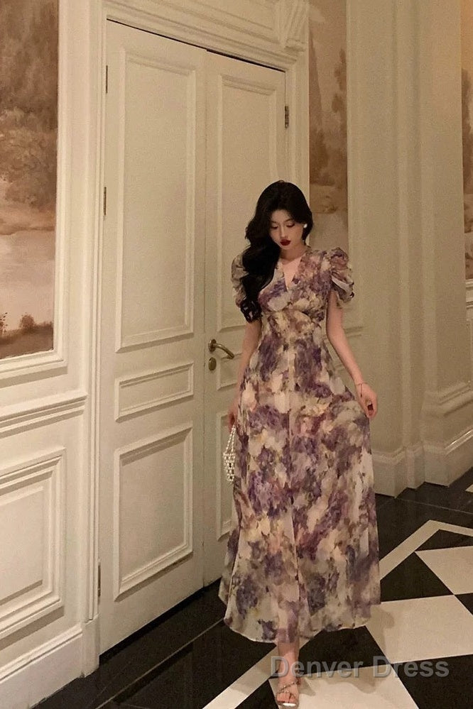 Classy A Line V Neckline Grape Flora Chiffon Prom Dresses Birthday Outfits Prom Gowns