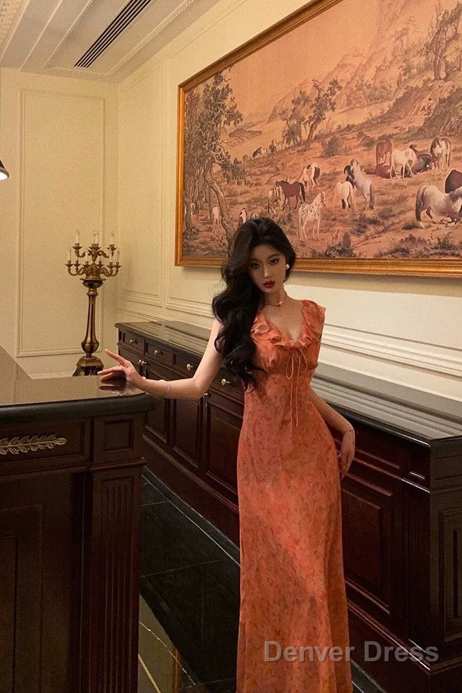 Classy A Line V Neckline Orange Chiffon Long Prom Dresses Birthday Outfits Prom Gowns