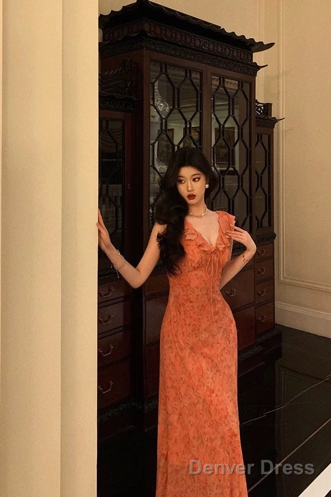 Classy A Line V Neckline Orange Chiffon Long Prom Dresses Birthday Outfits Prom Gowns