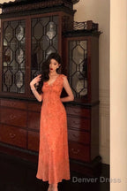 Classy A Line V Neckline Orange Chiffon Long Prom Dresses Birthday Outfits Prom Gowns