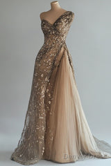 Classy Ball Gown One Shoulder Champagne Tulle Long Party Dress Prom Dresses