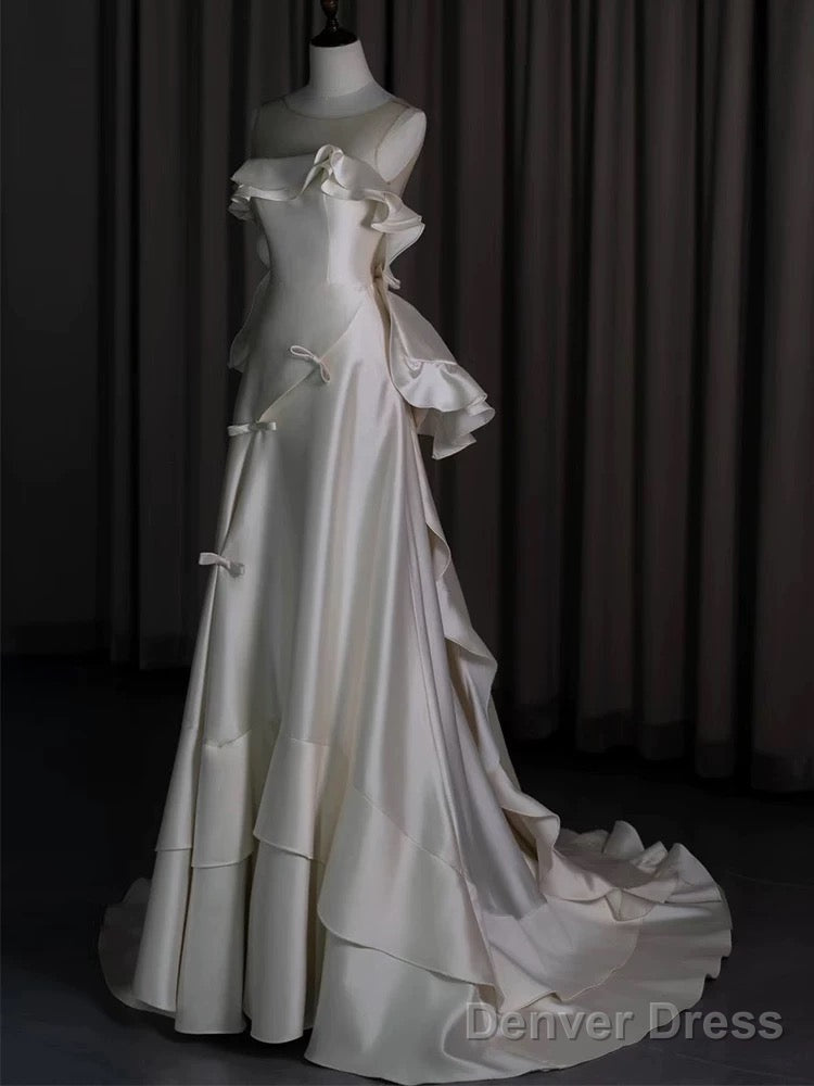 Classy Ball Gowns Scoop Satin Ruffles Ivory Wedding Dress Brides Dresses