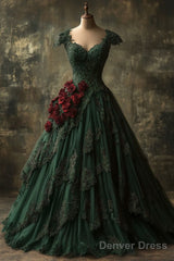 Classy Ball Gown Short Sleeves Dark Green Lace Long Party Dress Satin Prom Dresses