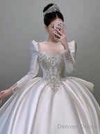 Classy Ball Gown Square Neckline Long Sleeves Sequin White Wedding Dresses Brides Dress