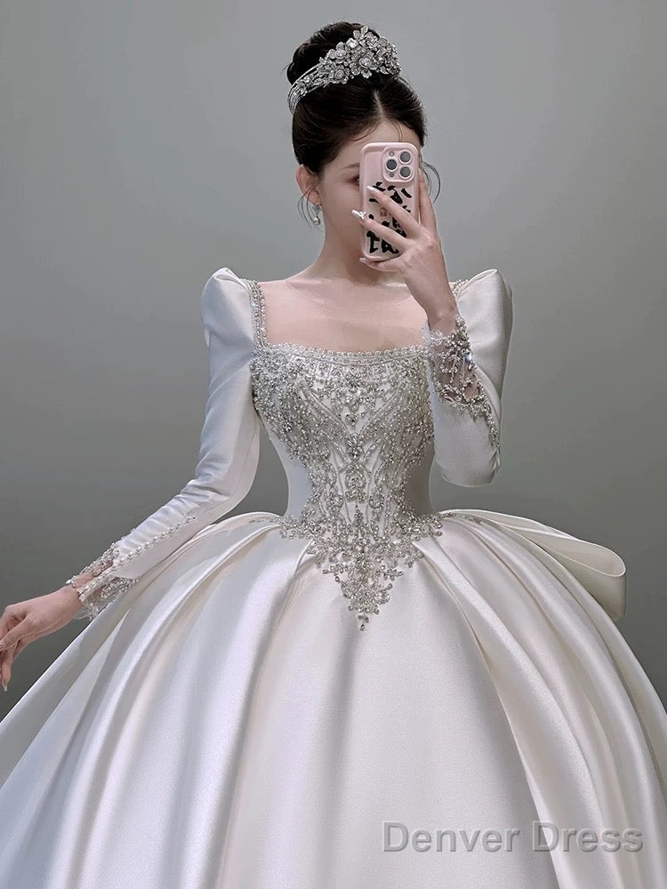 Classy Ball Gowns Square Neckline Long Sleeves Sequin White Wedding Dress Brides Dresses