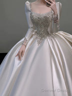 Classy Ball Gowns Square Neckline Long Sleeves Sequin White Wedding Dress Brides Dresses