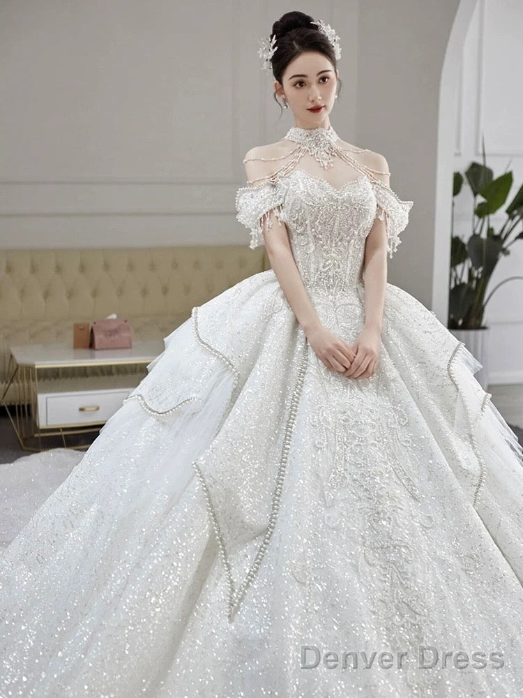 Classy Ball Gown Strapless Neckline Long Sleeves Sequin White Wedding Dresses Brides Dress Secondary image