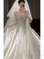 Classy Ball Gown Strapless Neckline Long Sleeves Sequin White Wedding Dresses Brides Dress